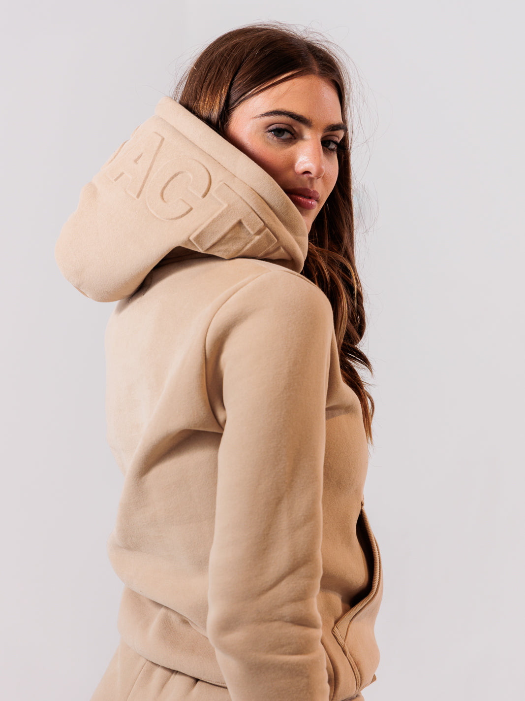 Full-Zip Embossed Hoodie — Champagne